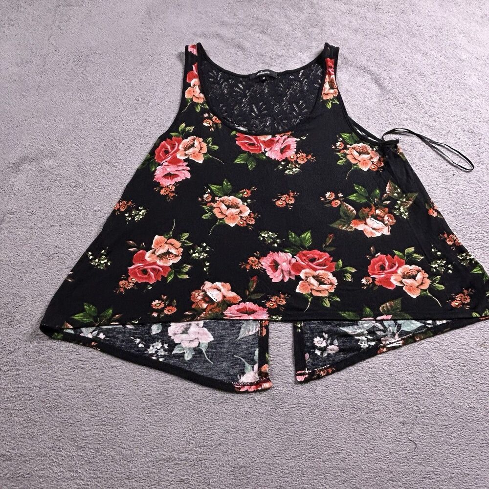 Ambiance Tank Top Womens M Black Floral Lace Open Back Split Flowy Boho